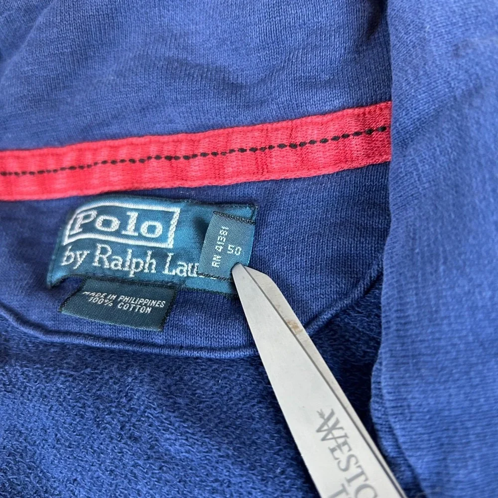 VTG Polo Ralph Lauren Pullover Mens Medium Blue Quarter Zip Military Elbow Patch
